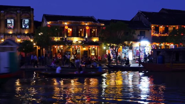Evening Timelapse, Hoi An old quarter, Thu Bon River, Vietnam in 4k