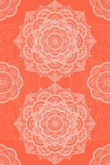 Orange background with white mandala. Mandala card. 