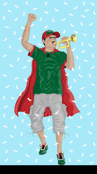 “Morocco Soccer Fan with Bugle” Moroccan supporter, confetti papers and background are in different layers.