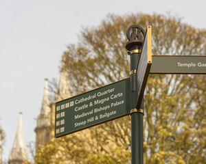 Close up of Tourist Information Directing Sign in Lincoln Cathedral Quarter, Shallow Depth of Field