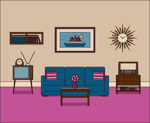 Living room in flat design. Retro room interior in line art. Vector graphics. Linear illustration. Thin line home space with sofa, TV and radio. House equipment 60s. Vintage background.