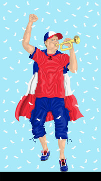 “France Soccer Fan with Bugle” French supporter, confetti papers and background are in different layers.