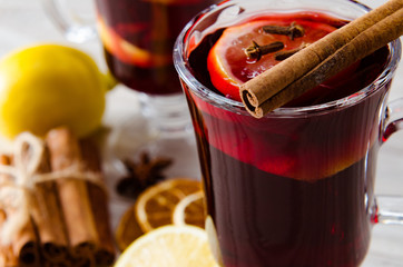 Mulled wine glintwine served in glasses for christmas table