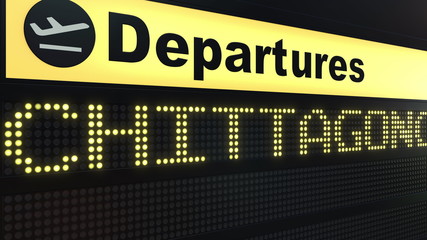 Flight to Chittagong on international airport departures board. Travelling to Bangladesh conceptual 3D rendering