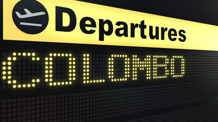 Fototapeta premium Flight to Colombo on international airport departures board. Travelling to Sri Lanka conceptual 3D rendering