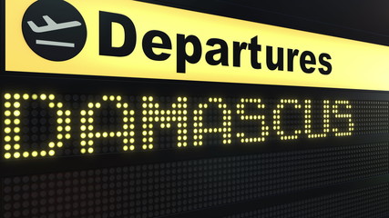 Flight to Damascus on international airport departures board. Travelling to Syria conceptual 3D rendering
