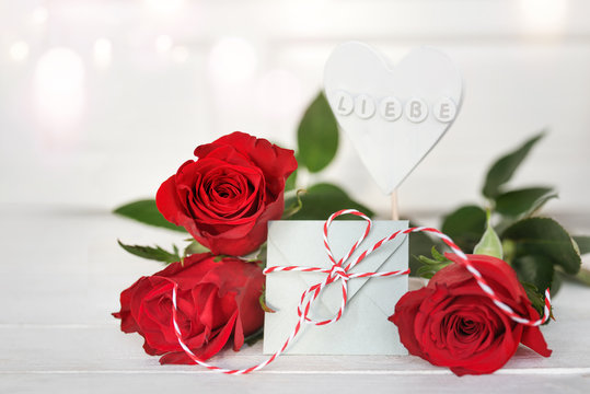 Red roses with a message of love