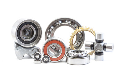Bearing, rollers and gear parts isolated on white, automotive industry