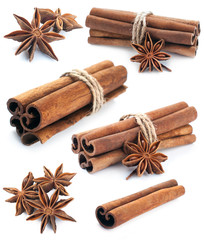 Cinnamon stick group with star anise spice set isolated on white background