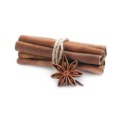 Cinnamon stick group with star anise spice isolated on white background