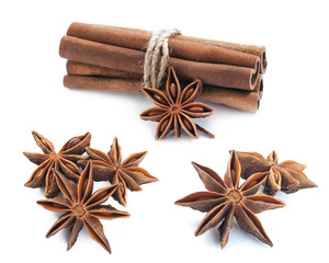 Cinnamon stick group with star anise spice set isolated on white background