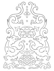 Ancient Chinese vignettes of flowers and dragons