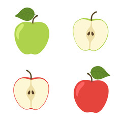 Bright vector set of colorful half and whole of juicy apple. Fresh cartoon apples on white background.