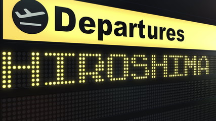 Fototapeta premium Flight to Hiroshima on international airport departures board. Travelling to Japan conceptual 3D rendering