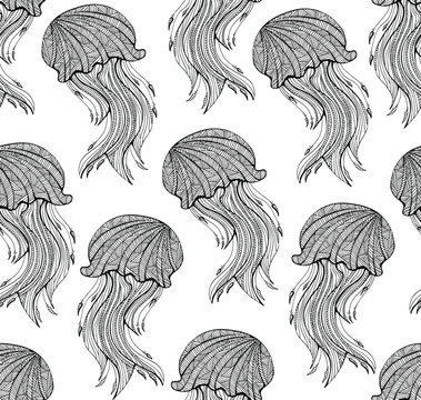 Seamless pattern with Hand drawn jellyfish for adult Coloring Page in zentangle style. Uncolored stylized jellyfish illustration with high details isolated on white background vector
