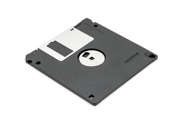 A black floppy disk isolated on white background, old technology for memory card