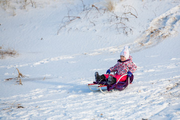 Little girl child is playing with the sledge in the park in winter