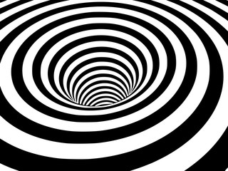 Abstract black and white striped optical illusion three dimensional geometrical wormhole shape