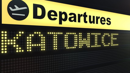 Flight to Katowice on international airport departures board. Travelling to Poland conceptual 3D rendering