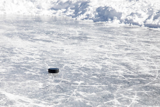 Hockey puck on a pond hockey rink surrounded by snowbanks 