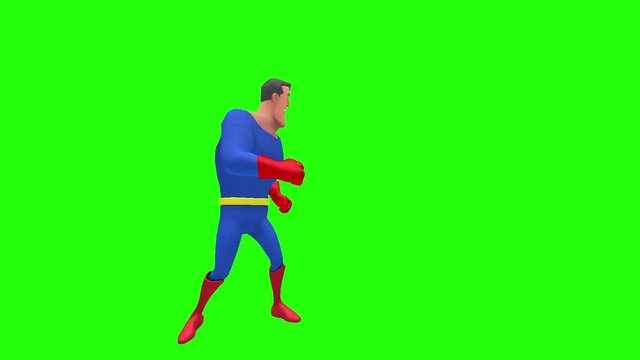 Mean angry animated superhero strongman cartoon character looks around to the right then left sides multiple times in front of green screen