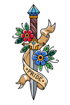 Vector tattoo dagger with flowers and ribbon. Ancient oriental dagger decorated with large sapphire. Lettering Pride.