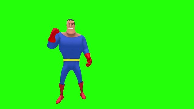 Angry animated superhero strongman cartoon character makes fist with right and left hands then squeezes them tightly multiple times in front of green screen background
