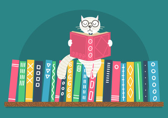 Obraz premium Bookshelf with fantasy clever white cat reading book. Different color books on shelf on teal background. Cat sitting on books. Vector illustration.