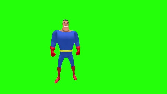Annoyed hostile animated superhero strongman cartoon character leans forward shaking his left fist in rage multiple times in front of green screen background