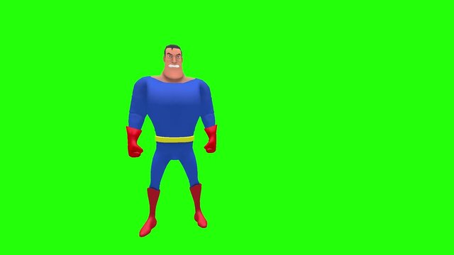 Annoyed hostile animated superhero strongman cartoon character gestures clawing motion with both hands out in front multiple times in front of green screen background