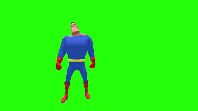 Annoyed hostile animated superhero strongman cartoon character makes series of sighing gestures multiple times in front of green screen background