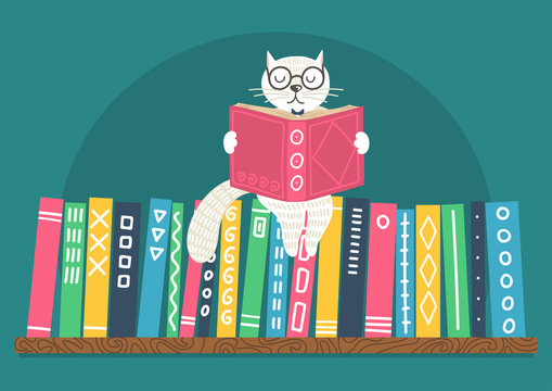 Bookshelf with fantasy clever white cat reading book. Different color books on shelf on teal background. Cat sitting on books. Vector illustration.