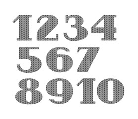 Numbers, knitted font, gray, vector. Figures with serifs. Vector font. Imitation knitted grey fabric. 