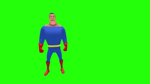 Funny happy animated superhero strongman cartoon character stands at military attention multiple times in front of green screen background