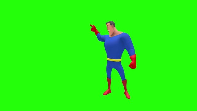 Funny happy animated superhero strongman cartoon character points to wall or board on right side multiple times in front of green screen background