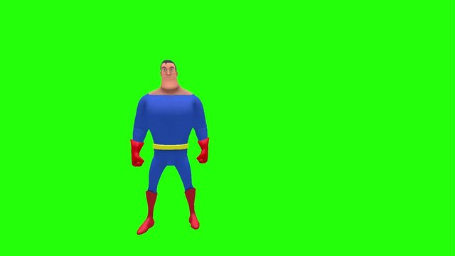 Funny happy animated superhero strongman cartoon character looks both ways then throws hands like a stickup multiple times in front of green screen background