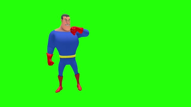 Funny happy animated superhero strongman cartoon character checks the time on his wristwatch multiple times in front of green screen background