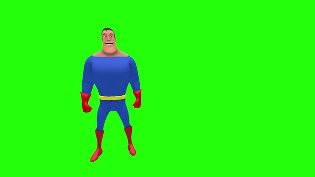 Funny comical animated superhero strongman cartoon character makes the okay gesture with left hand multiple times in front of green screen background