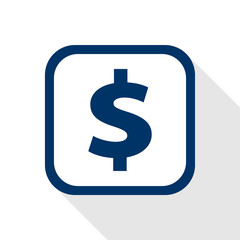 vector square dark blue icon dollar with rounded corners and long shadow - symbol of american currency in flat design