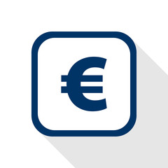 vector square dark blue icon euro with rounded corners and long shadow - symbol currency of european union  in flat design