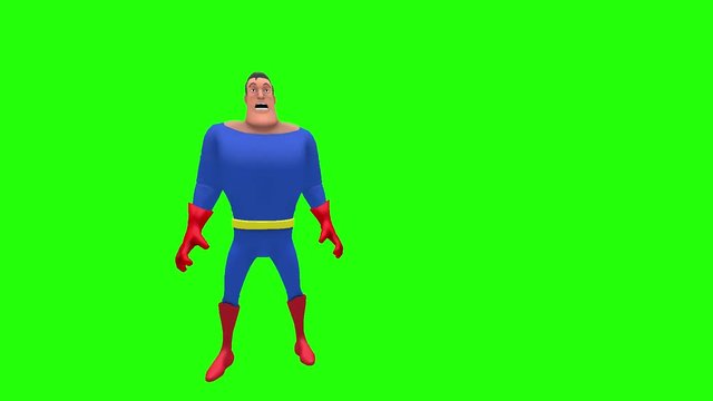 Scared timid animated superhero strongman cartoon character in front of green screen performs sequence of conversational gestures multiple times