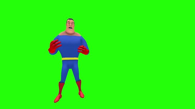 Scared timid animated superhero strongman cartoon character in front of green screen performs sequence of conversational gestures multiple times