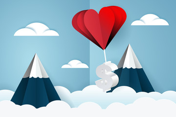 Heart air balloon carries dollar money sign