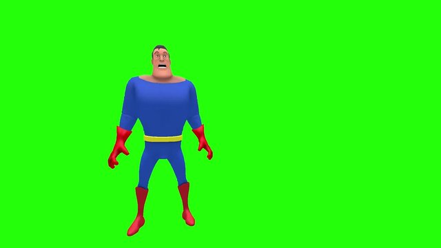 Cowering paranoid animated superhero strongman cartoon character makes fist with left hand multiple times in front of green screen 