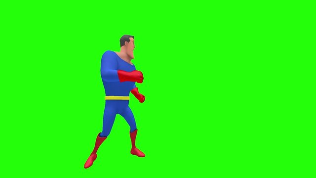 Cowering paranoid animated superhero strongman cartoon character looks around to the right then left sides multiple times in front of green screen