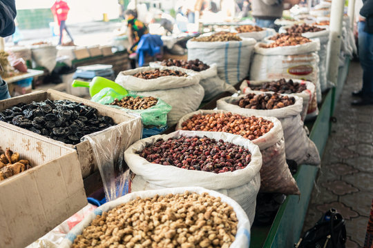 Typical seeds and nuts waiting for buyers on Cantal Asian bazaar