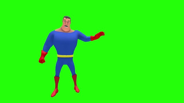 Startled panicky superhero strongman cartoon character rubs back of head with left hand multiple times in front of green screen background