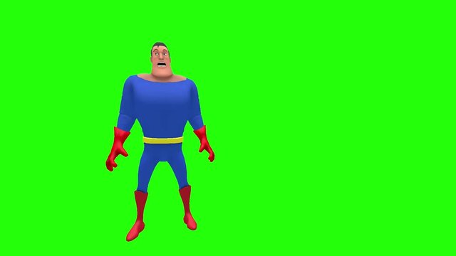 Intimidated terrified superhero strongman cartoon character is startled and jumps multiple times in front of green screen background