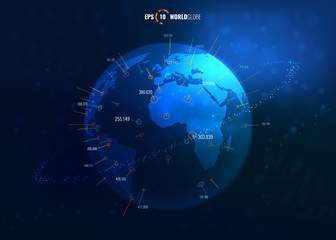 Fototapeta na wymiar Vector 3D Sci-Fi World Map Globe with Detailed Contour Map