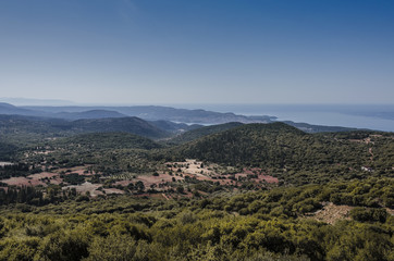 Fototapeta na wymiar Fields planted mountains of kefalonia and the Ionian Sea